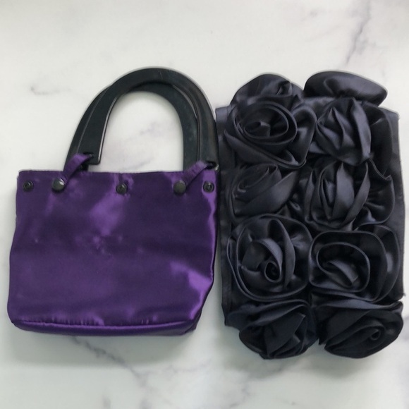 For Your Ease Only Black Satin Rosettes Evening Purse Handbag - Picture 8 of 12